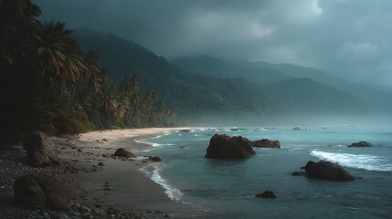 Volcanic beach, lush jungle