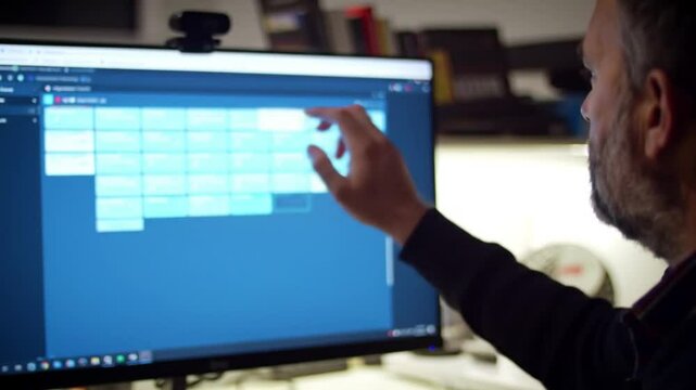 Man designing webpage on computer. Suitable for technology, web design, coding, or freelance work concepts. Creative workspace. Technology industry.