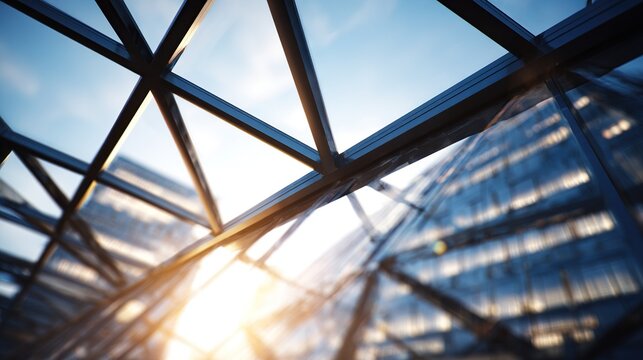 Glassy modern architecture shows building exterior in sunlight, low angle perspective