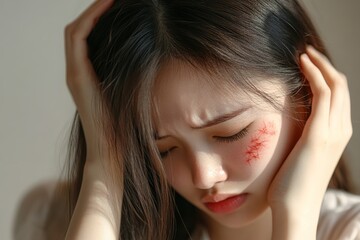 Naklejka premium Dermatology, Asian young woman scratching itchy red spots or rashes caused by insect bites on her back. Treatment of skin problems for beauty care., Generative AI