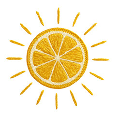 A vibrant embroidered lemon slice designed as a sunny emblem, perfect for summer themes, fresh concepts, and cheerful designs.