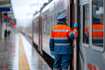 Railway worker in uniform standing on platform near train doors, holding a signaling paddle, 