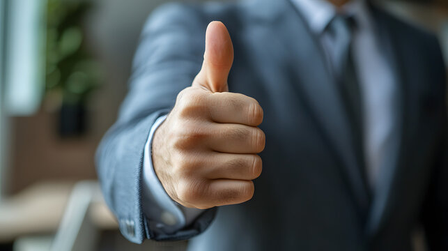 Businessman giving a thumbs up in an office setting during a formal meeting