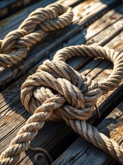 Fototapeta premium Intertwined Ropes on Weathered Wood A Maritime Knotwork Display
