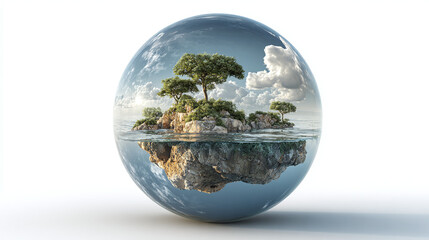 A vibrant 3D planet Earth sphere, depicting continents and oceans, floats amidst a cloudy sky, symbolizing global environmental concepts