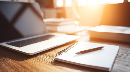 Notebook, pen, and laptop on a wooden desk flooded with sunlight