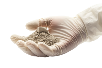 A gloved hand holding gray powder, Isolated on transparent Background, symbolizing scientific research and material analysis.