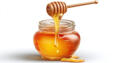 Golden liquid honey in a glass jar with a wooden dipper