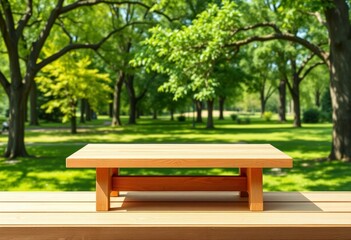Naklejka premium Empty light wooden table against vibrant green summer park background, ideal for product display, tabletop, surface