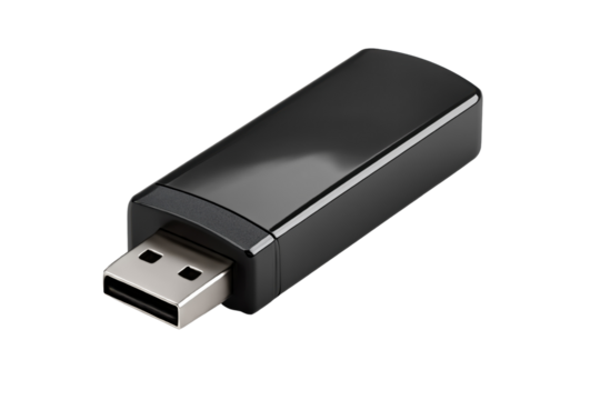 A sleek black USB flash driveIsolated on transparent Background, ideal for data storage and transfer.