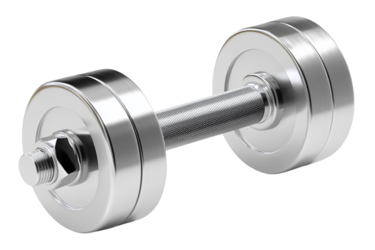 A shiny silver dumbbell Isolated on transparent Background, symbolizing fitness and strength training.