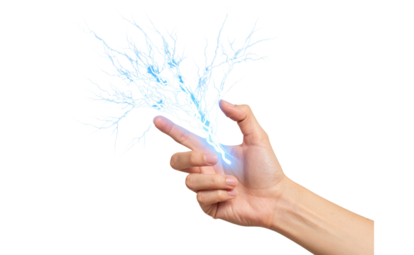 Hand Holding a Magical Lightning Bolt, Concept Art Style, isolated on a transparent background