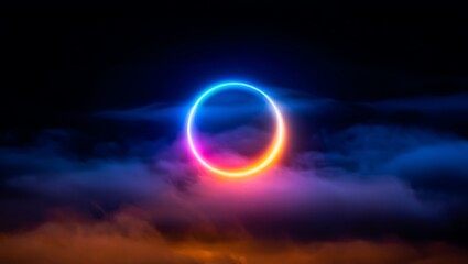 A colorful neon ring floats above dark clouds