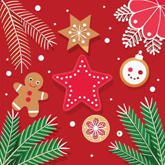 Red Christmas gingerbread background. Xmas design with winter cookies, fir branches, snowflakes and snow. Empty space for your text. Template for cards, banner, poster.
