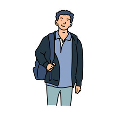 Cute cartoon of a male student carrying a bag. Vector cartoon 
