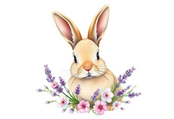 A charming watercolor Easter bunny adorned with a lavender and willow floral wreath, isolated on white,  floral wreath,  holiday