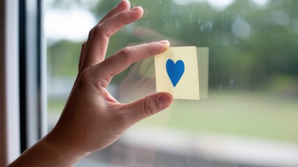 Female hand holding blue heart note on window
