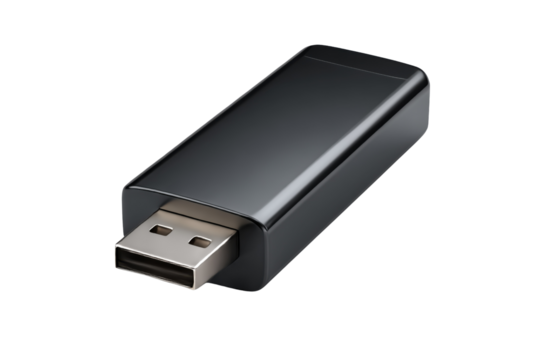 Black USB flash driveIsolated on transparent Background for data storage.