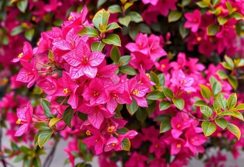 Naklejka premium Vibrant pink bougainvillea blooms, leaves, and branches in a lush cluster, spring, illustration