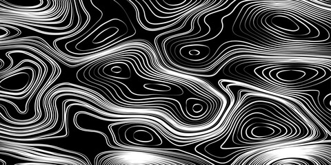 Seamless pattern inspired by physical geography and terrain relief. Abstract black and white topographic map illustration in vector style.