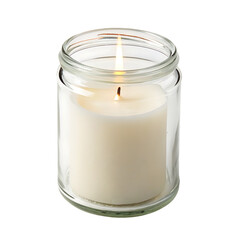 A single white pillar candle in a clear glass jar holder isolated on a transparent background png