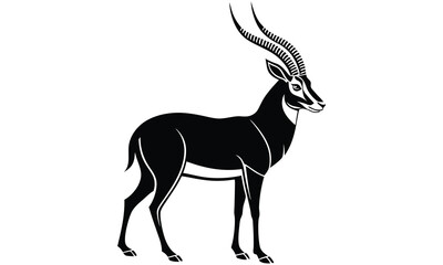 Elegant sable antelope silhouette standing profile view with detailed curved horns and white accents on a clean white background