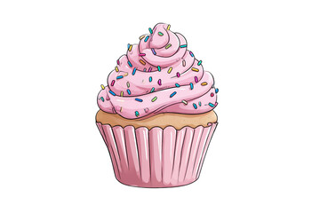 Delicious pink frosted cupcake with colorful sprinkles, perfect for parties and celebrations, isolated on white background.