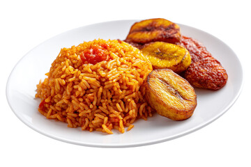 Delicious plate of Nigerian jollof rice with plantains and grilled chicken Isolated on transparent Background.