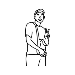 Cute line art design of a man with two finger raising pose. Vector cartoon design