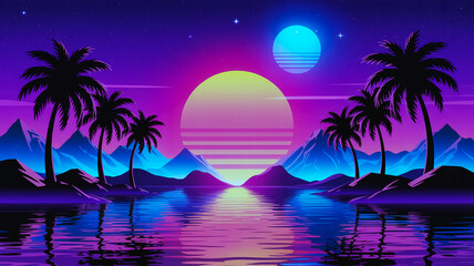 Tropical island beach with palm trees at sunset and night sky