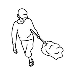 Cute line art cartoon of a man with a hat is pulling garbage. Vector cartoon design
