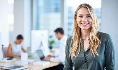 Obraz premium A blond business woman wearing a green shirt works in an office.