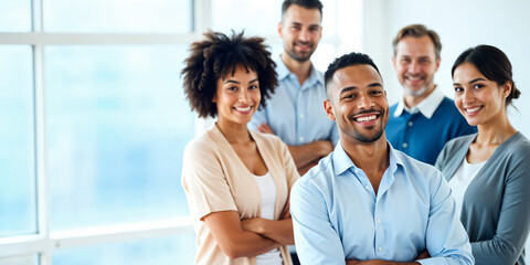 a group of people of different nationalities and skin colors sit at a table in an office and discuss about new business project