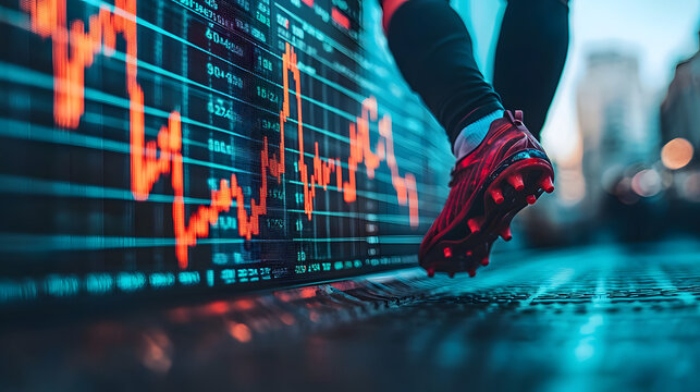 close up foot of a soccer player kicking a ball, stock chart background, investing or trading