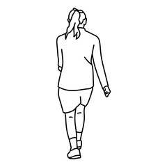 Cute line art cartoon of a women facing the back is walking. Vector cartoon