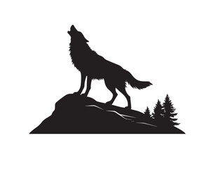 Silhouette of a howling wolf standing on a rock in black vector style, clean minimal design, wild animal symbol with strong pose, isolated transparent PNG on white background

