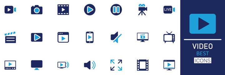 Video and Multimedia icon set. Featuring video camera, streaming, screen, broadcast, editing, television, viewer, mute, volume, and more. Clean solid vector illustration collection.