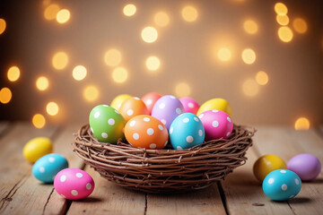 nest full of colorful easter eggs on a wooden table