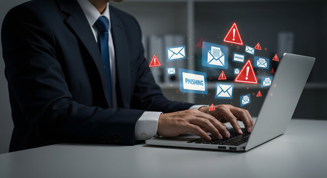 Businessman in a suit with hands typing on a laptop keyboard with social network icons on the screen