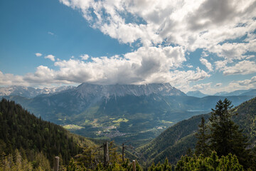 Aerial view over mountains in a forest, close to Zugspitze in Bayern, Germany