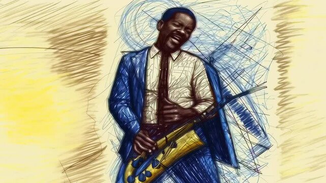 Ink drawn portrait of jazzman saxophonist dancing and singing on stage during festival, cartoon with passion and emotional expression of jazz