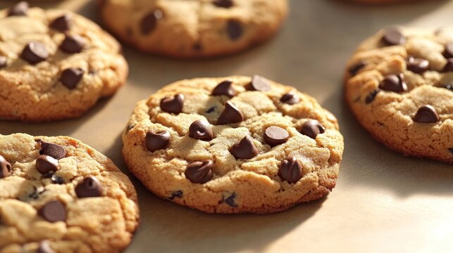 Close up of chocolate chip cookies arranged on a baking sheet ready to be served and enjoyed now