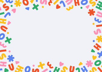 Cute abstract simple frame of colorful bright geometric shapes on light background, vector illustration, flat style, copy space