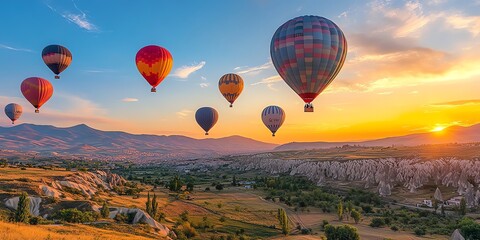 Obraz premium Colorful Hot Air Balloons Flying Over Scenic Landscape During Sunset