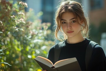 Female university student with a book on campus, focused on her studies and engaged in her academic journey, Generative AI