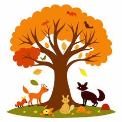 Cute cartoon animals and falling leaves under a vibrant autumn tree