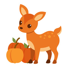 Cute cartoon fawn standing with pumpkins in autumn season