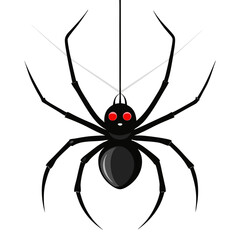 Cartoon black widow spider with red eyes hanging on a web strand