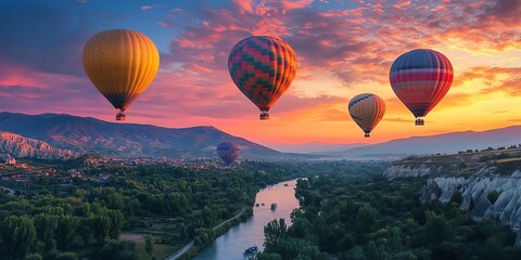 Colorful Hot Air Balloons Flying Over Scenic River Valley at Sunset