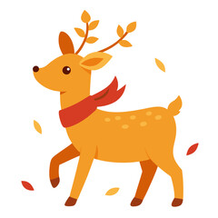 Cute cartoon deer wearing a red scarf surrounded by falling autumn leaves